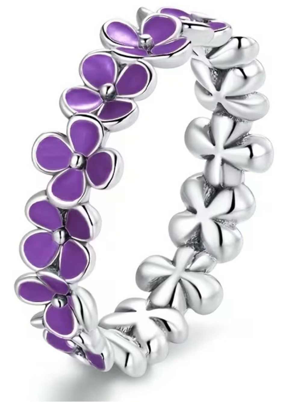 💜 Purple Floral Enamel Eternity Band Ring - Silver-Tone